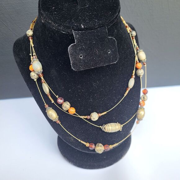 Earthy Triple Strand Floating Station Bohemian Brass Rust & Garnet Necklace 17" - Picture 6 of 14